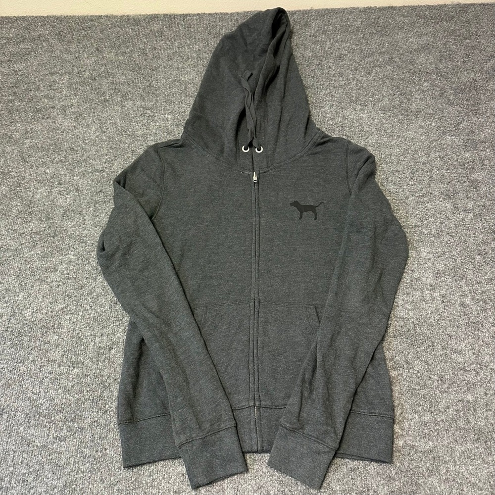 PINK Hoodie Womens Size S Gray Full Zip Love PINK Graphic Logo Casual Athleisure